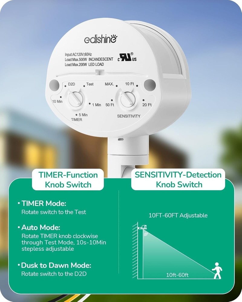 180-Degree White Motion Sensor for Security Floodlights - Listed, 60 Ft Range