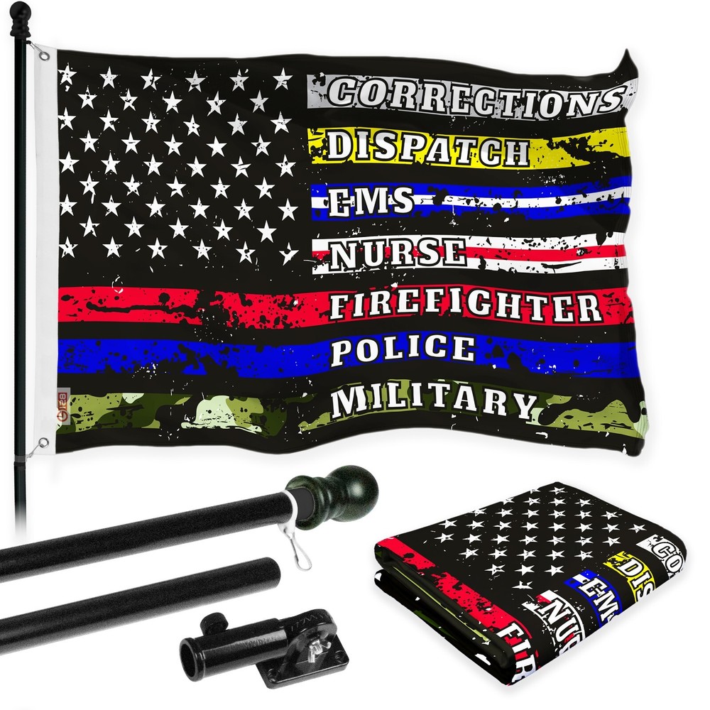 Combo: 6 Ft Flagpole BL & Thin Line First Responders Flag 3x5 Ft Printed 150D