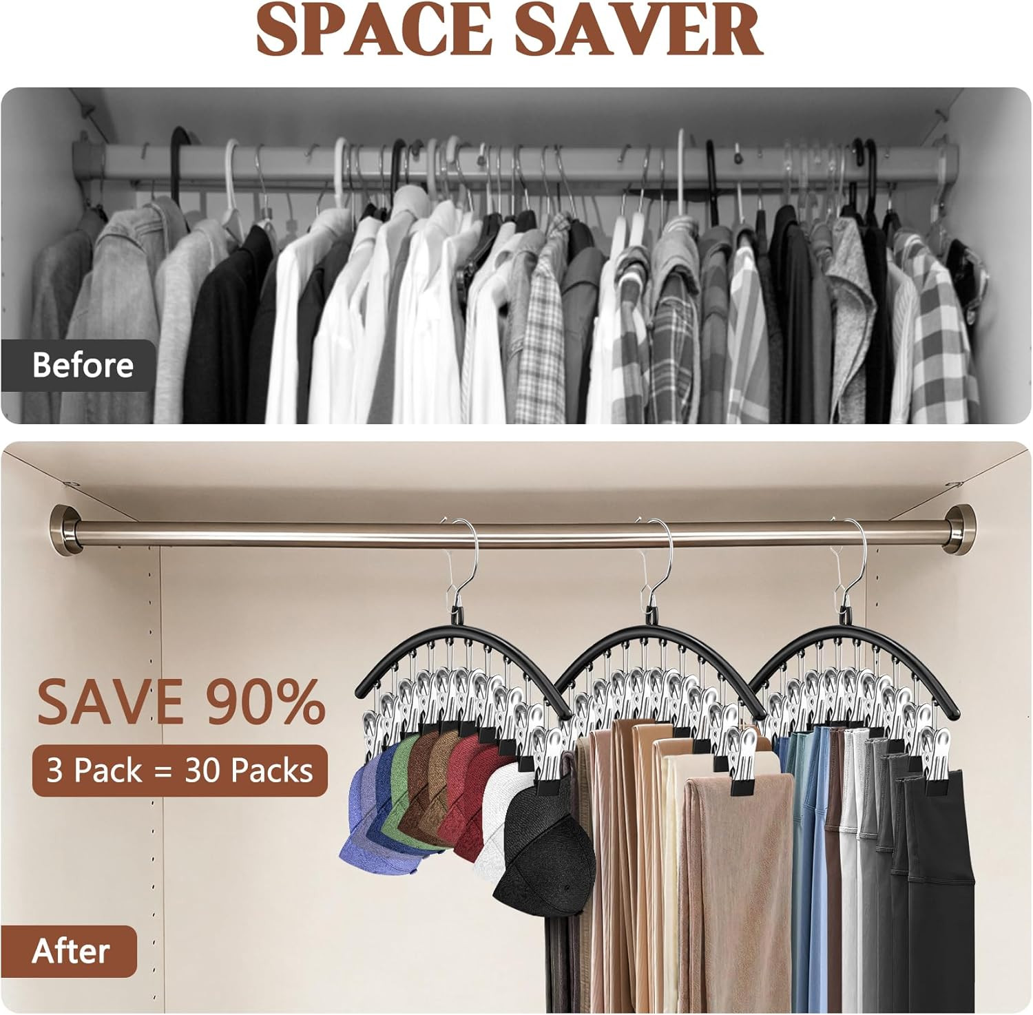 3-Pack Metal Hat Hangers with 30 Clips for Closet Storage and Display