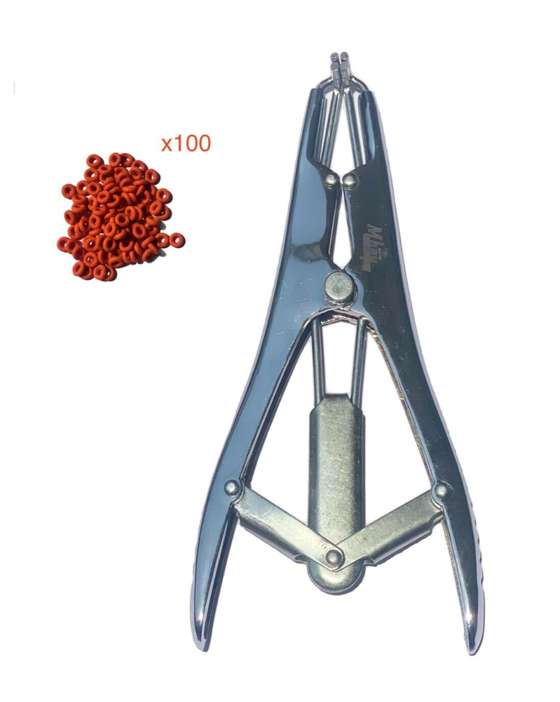 Professional Chrome Livestock Castration Elastrator Pliers + 100 Rubber Rings