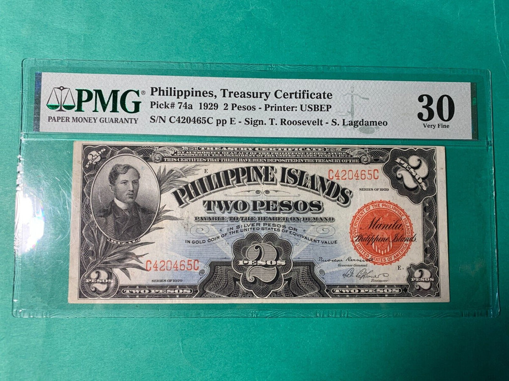 PHILIPPINES 1929 2 PESO TREASURY CERTIFICATE C420465C P-74a PMG VF 30 SCARCE