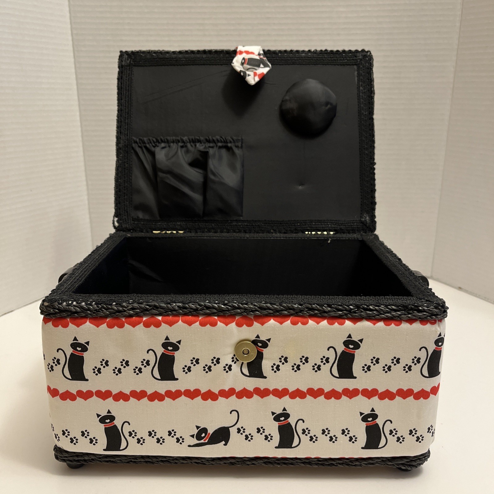 Sewing Basket Cat Print Padded Box Pin Cushion Accessories Storage Snap Closure