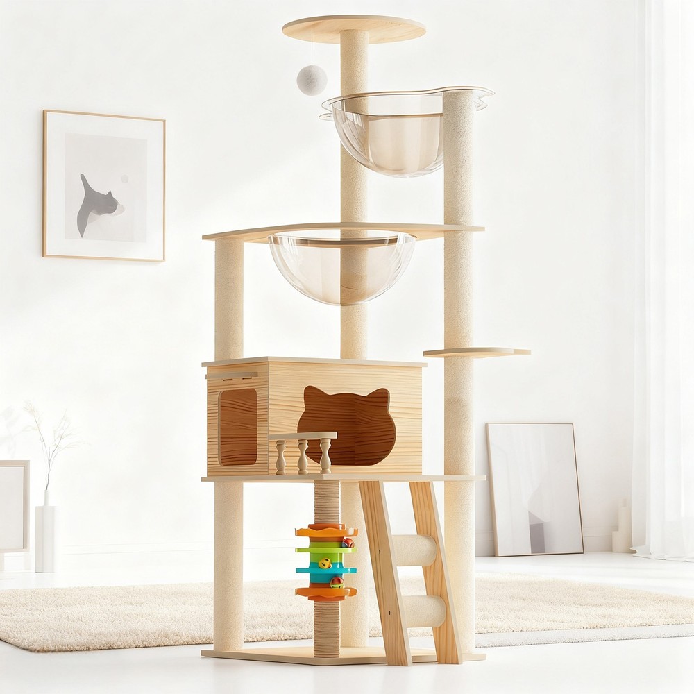 Modern Cat Tower with Scratching Posts, Perch & Acrylic Hammock for Cats