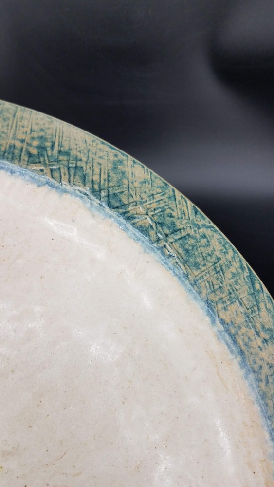 Handmade Studio Pottery Textured Blue Leaf Shaped Serving Plate Platter Tray EUC