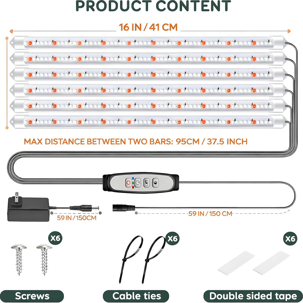 6 Pack 16" LED Grow Light Strips Full Spectrum Timer Dimmable Indoor Plant Shelf