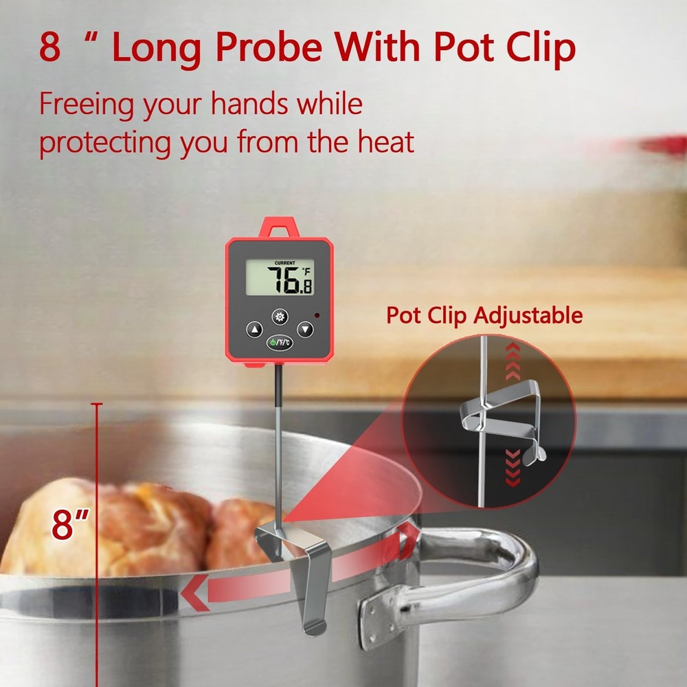 Digital Candy Thermometer with Pot Clip, Backlight LCD, 8" Long Probe, Temper...