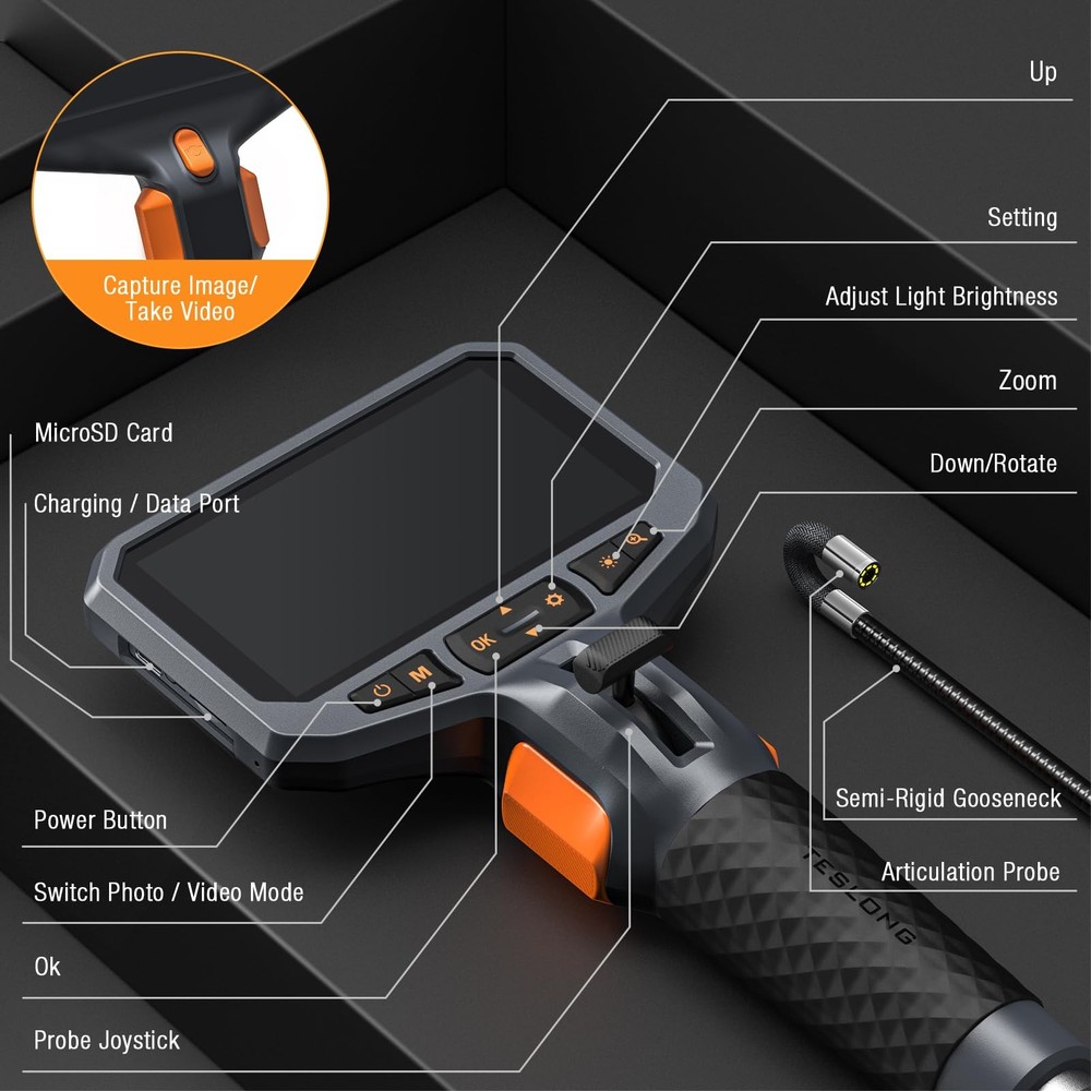 Teslong Two Way Articulating Borescope with Light Industrial Endoscope