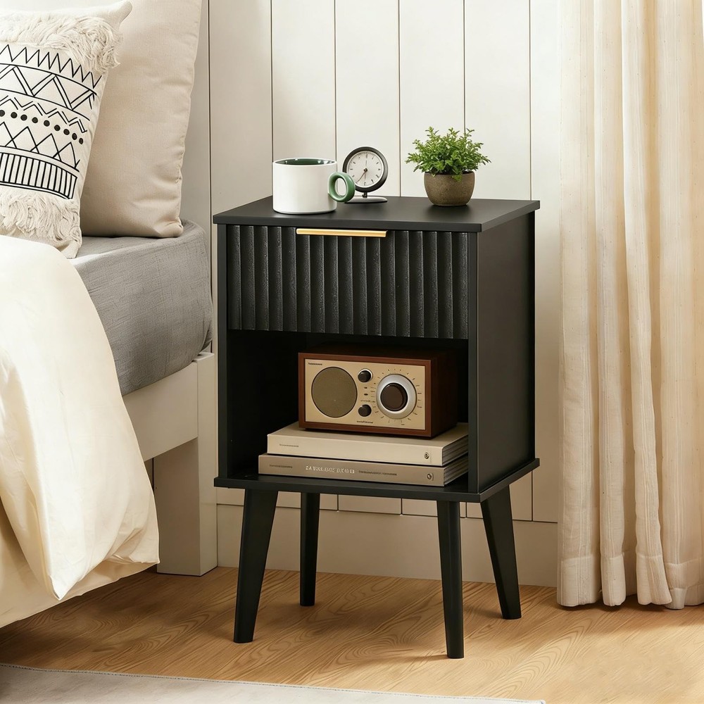 End Table, Fluted Night Stand, Modern Side Table, Small Bedside Table with 1 ...