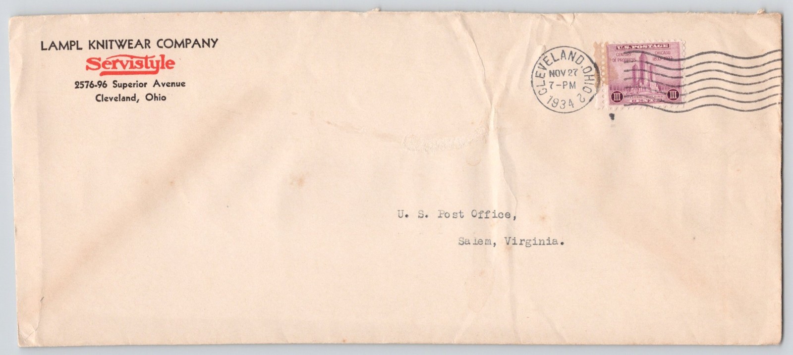 1934 Lampl Knitwear Company Servistyle Cleveland OH Postal Cover
