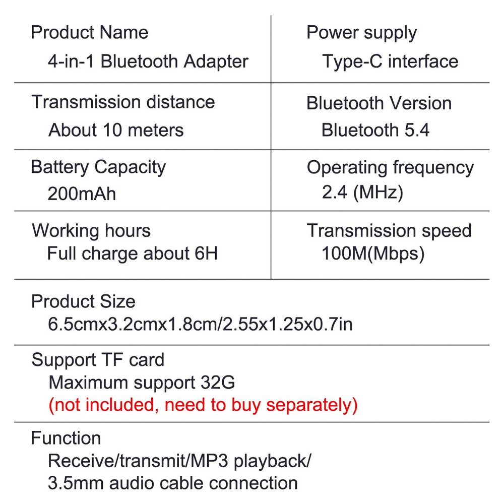 USB Bluetooth 5.4 Transmitter Receiver 4in1 Wireless Audio 3.5mm Aux Car Adapter