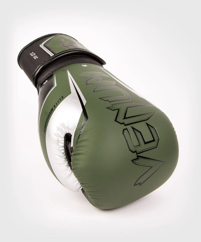 Venum Elite Evo Hook and Loop Boxing Gloves - Khaki/Silver