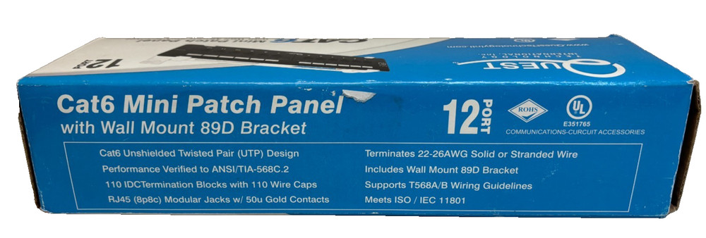 Quest Technology NPP-6012, CAT6 Mini Patch Panel w/ Wall Mount 89D Bracket - New
