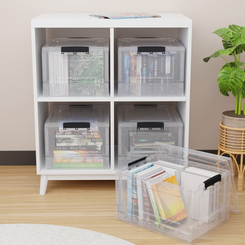 4 Packs Clear Stackable Folding Bins with Lids Collapsible Plastic Storage Cube