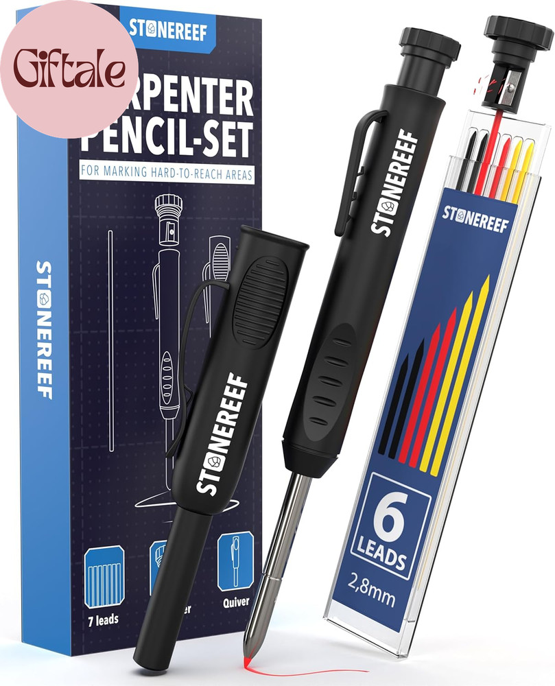 Carpenter Pencil Set with Sharpener & 7 Refills – Deep Hole Marker Mechanical Pe