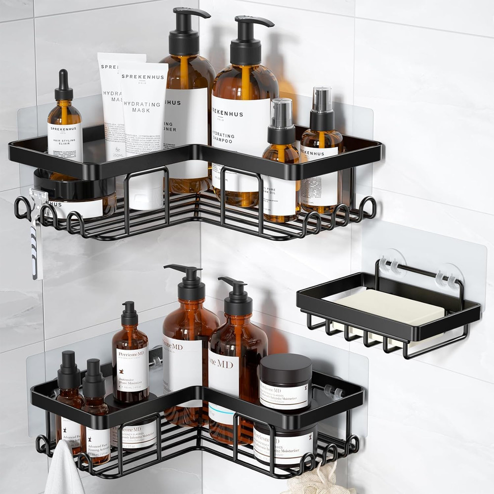 Corner Adhesive Shower Caddy, with Soap Holder and 12 Hooks, Rustproof Stainless