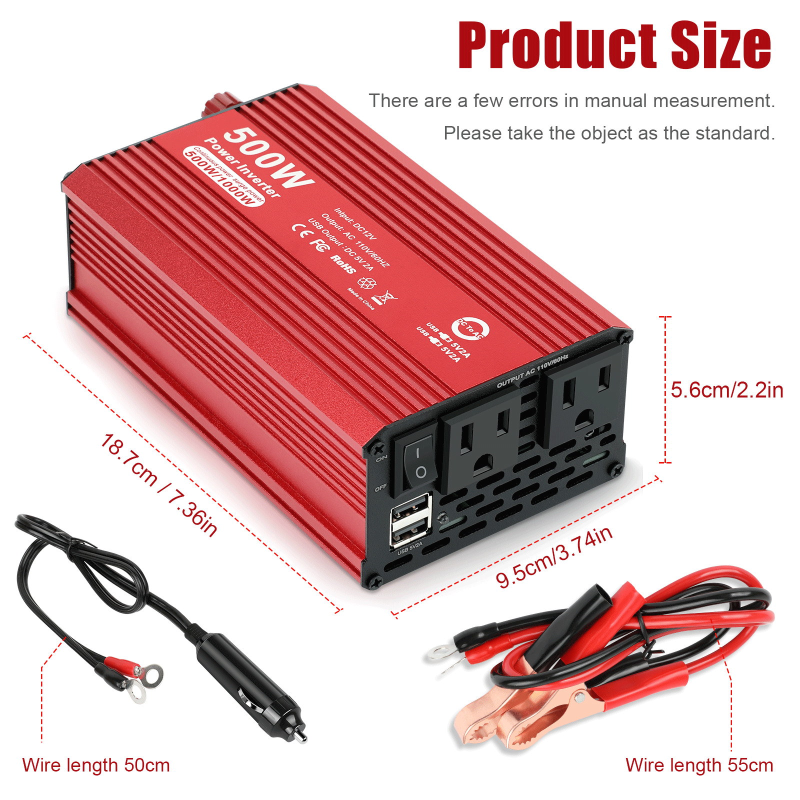 500W Car Power Inverter DC 12V To AC 110V 120V Adapter Converter 2 USB 2 AC