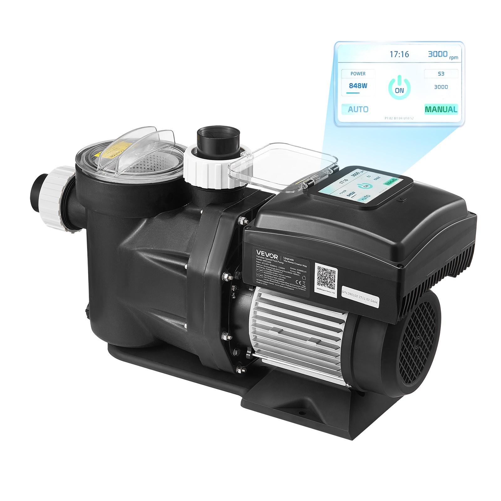 VEVOR Variable Speed Pool Pump 1.5 HP 220V 115 GPM In/Above Swimming Pool Pump