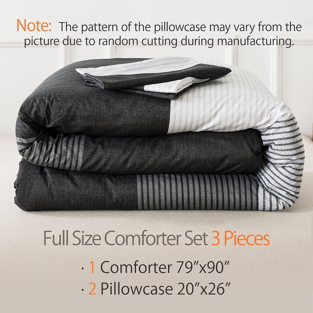 Full Size Comforter Set,3 Pieces Black White Gray Patchwork Striped