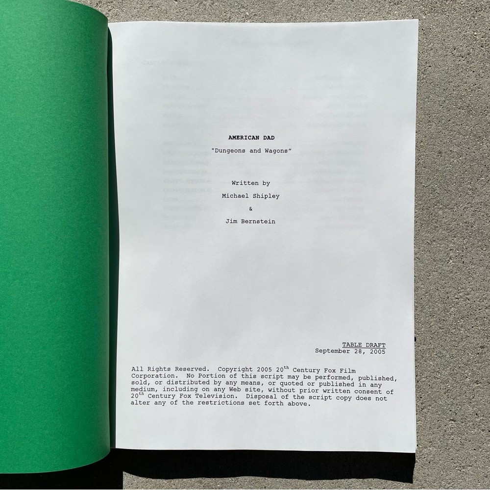 American Dad Original 2005 Dungeons & Wagons Production Used Table Draft Script
