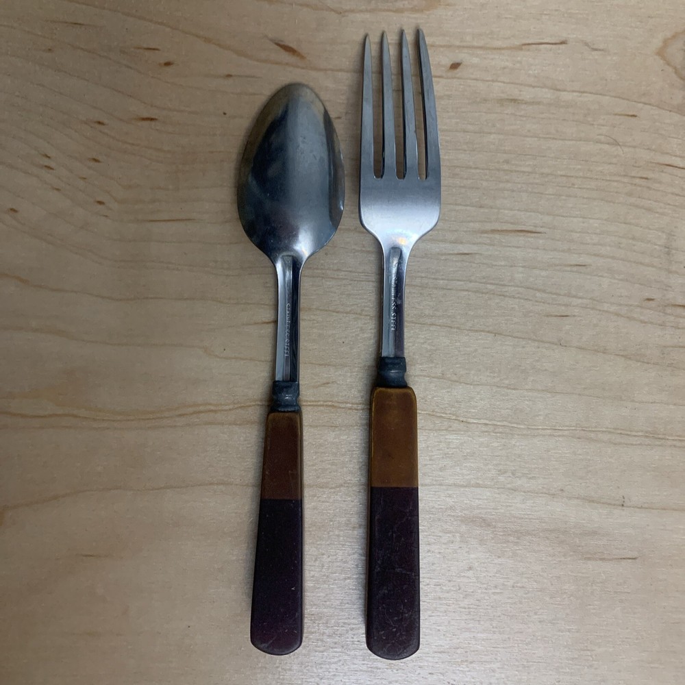 Bakelite Fork And Spoon Stainless Flatware Set Two Tone Brown