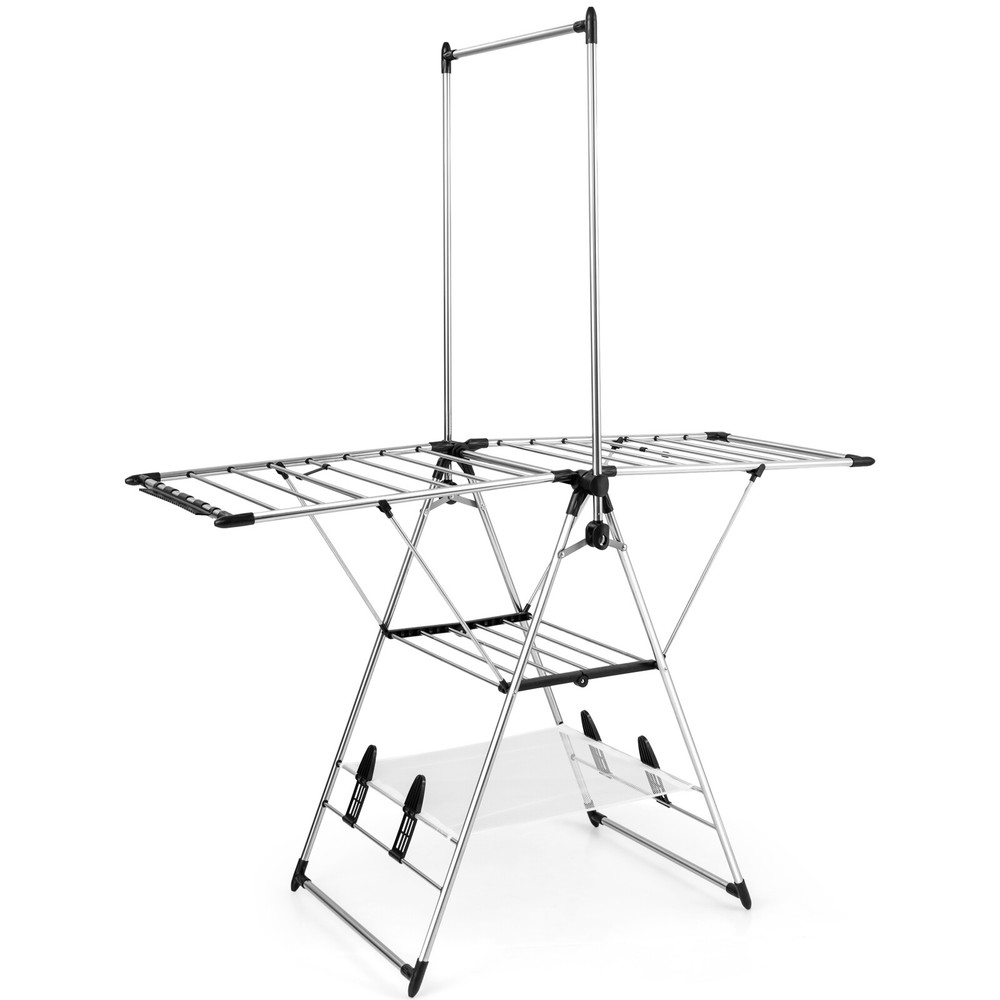 2-Layer Aluminum Foldable Drying Rack w/ Hanging Bar & 2 Height-adjustable Wings