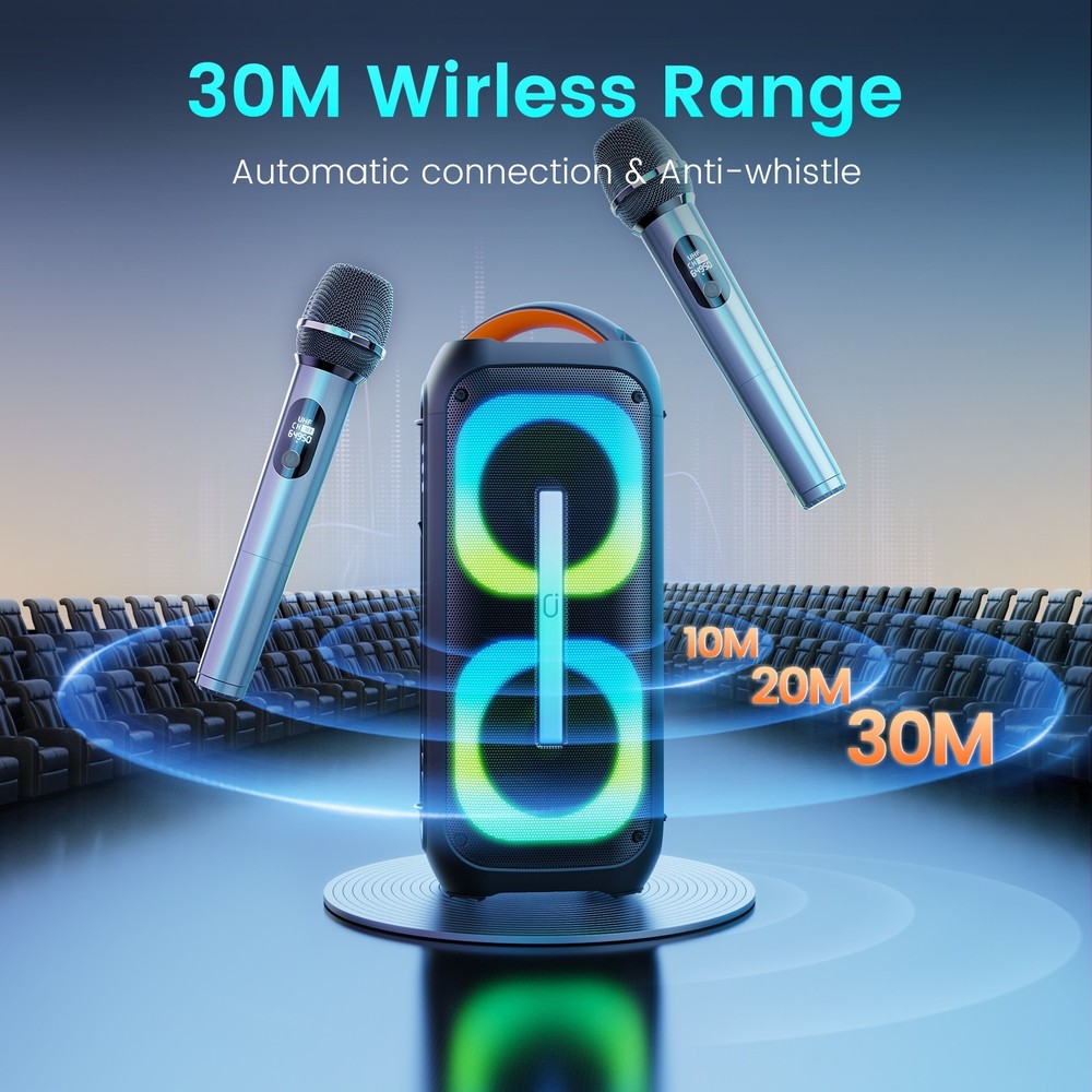 Party Speaker with 2 Wireless Microphnes Rechargeable Bluetooth Speaker Karaoke