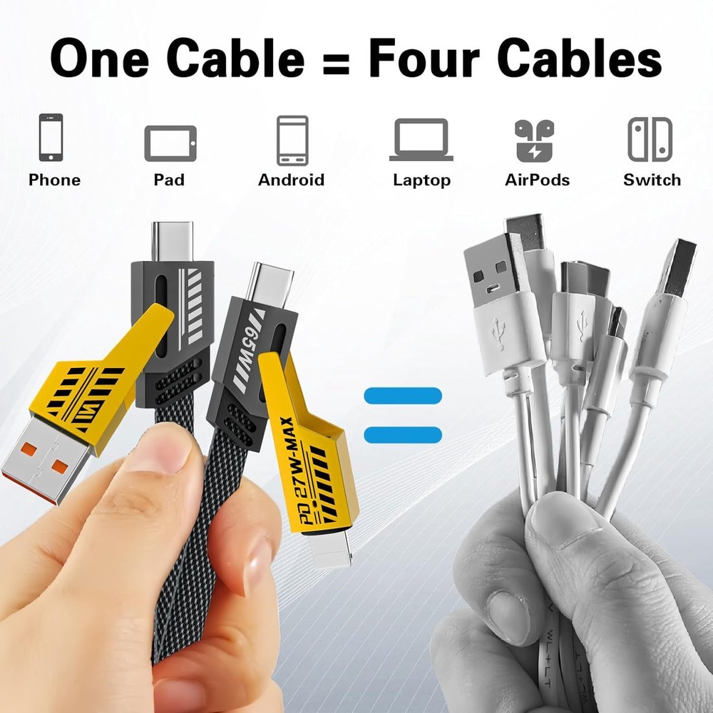 3Ft 65W 4 in 1 Multi Charging Cable Flat Braided USB C Charge Cord Data Transfer