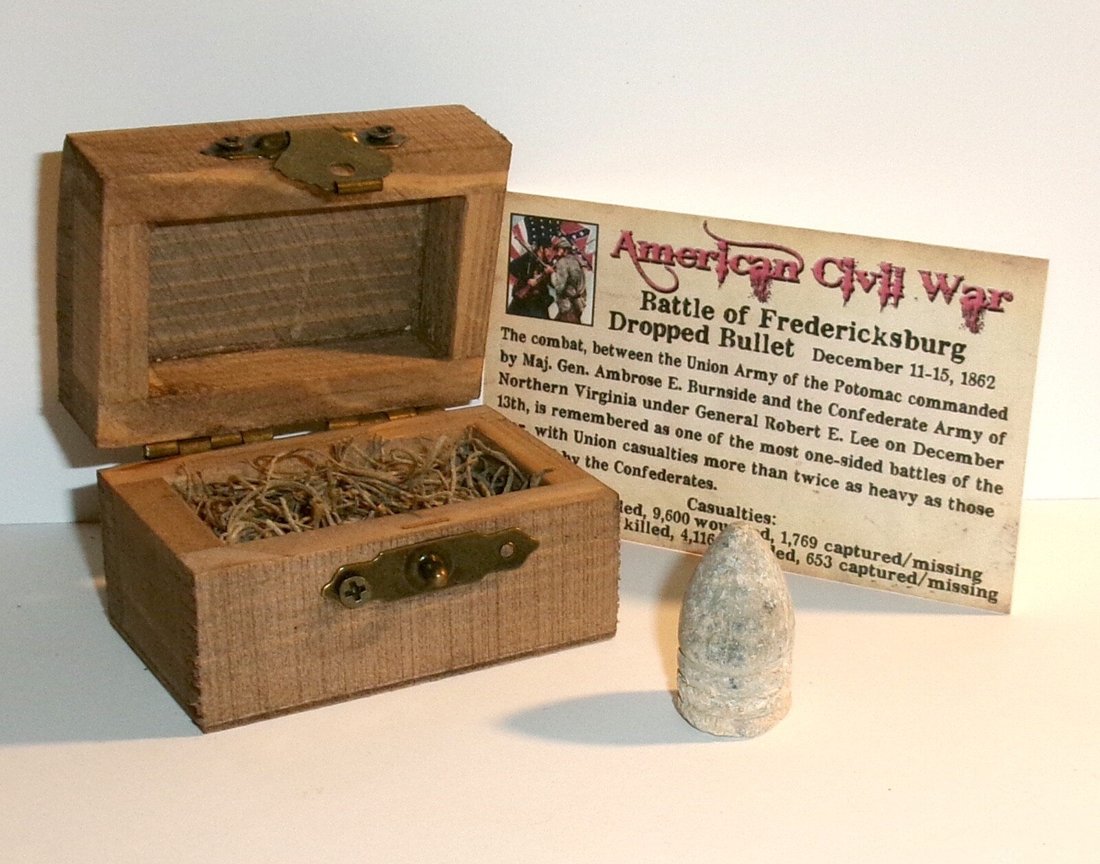 Civil War Bullet Battle of Fredericksburg, Wood Chest, Information Card and COA