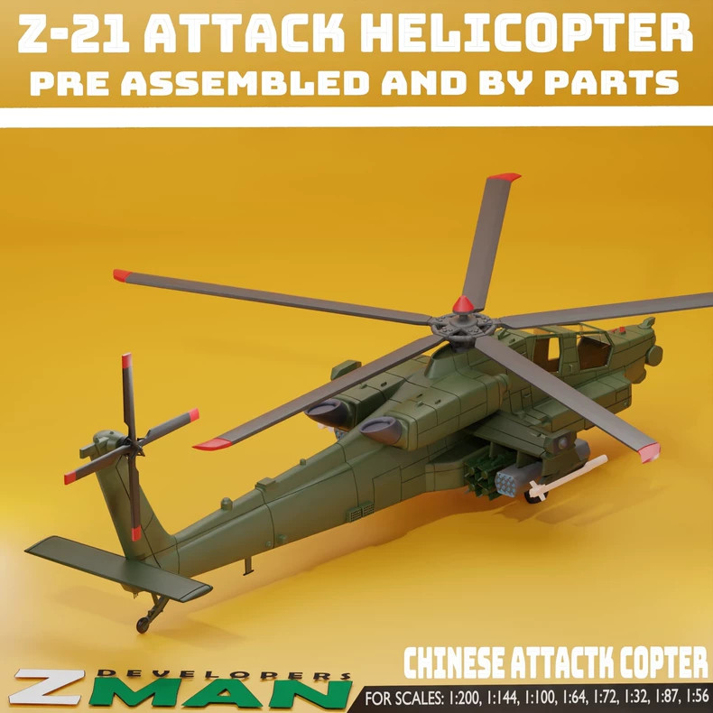 3D-printed 1/144 scale WZ-21 Apache attack helicopter Unpainted model