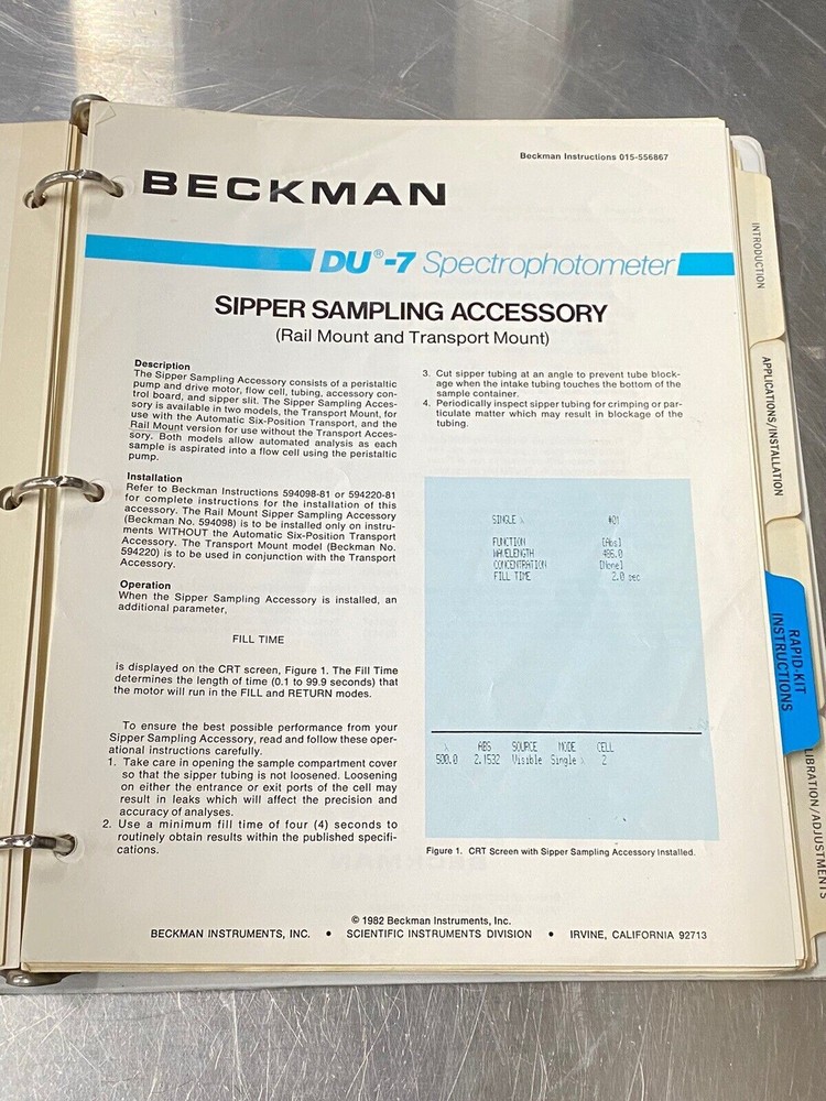 Beckman DU-7 Spectrophotometer UV-visible - Users Guide / Instruction Book