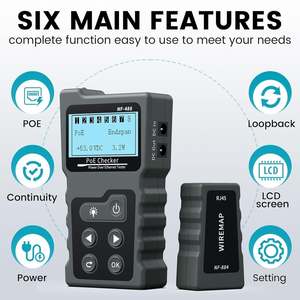 POE & Continuity Network Tester with Backlit LCD - Efficient & Lightweight