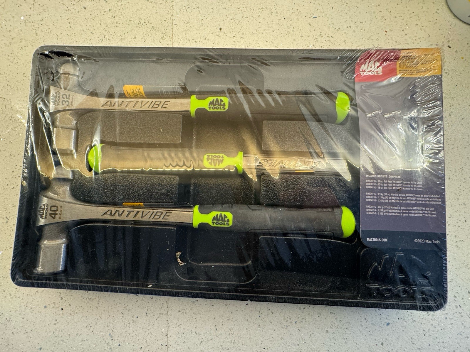 Mac Tools BH3AVS-3 Green Heavy Hitter AntiVibe 3-Piece Ball Peen Hammer Set NEW