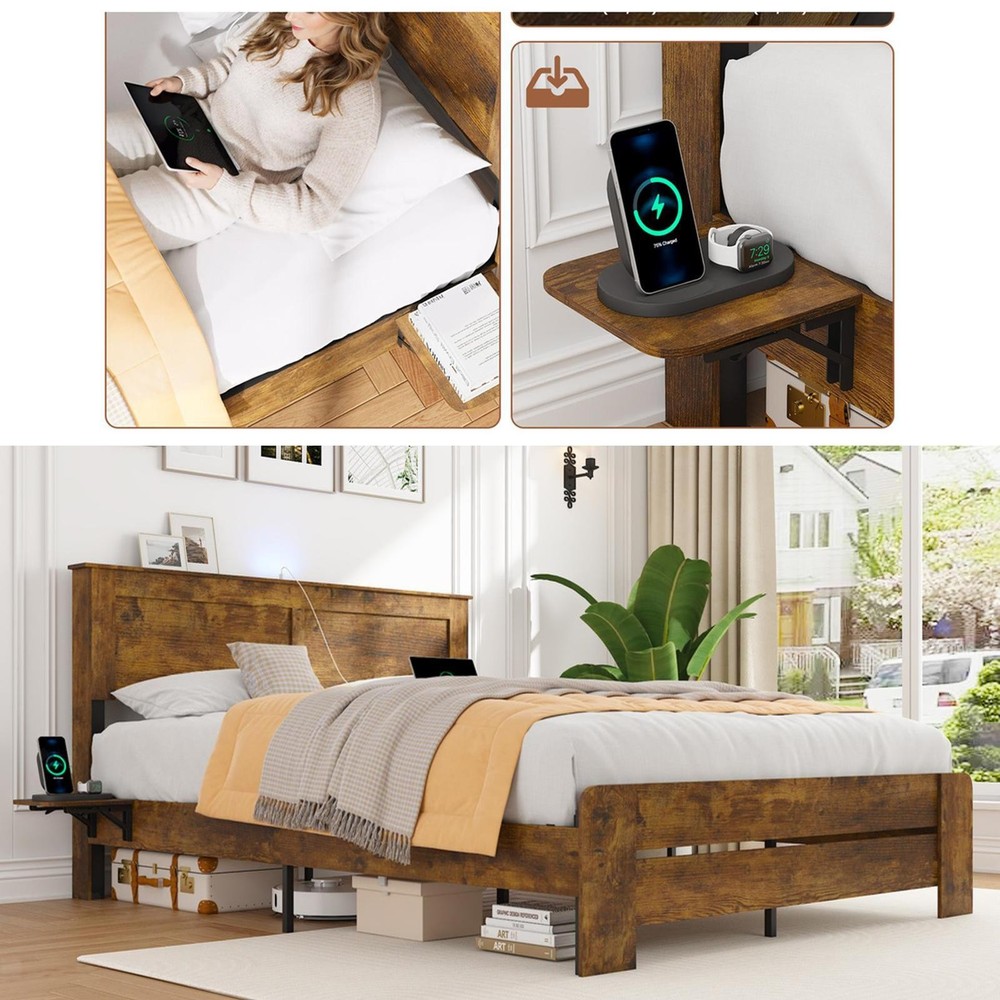 Rustic Farmhouse Bed Frame with LED Headboard Storage Shelf Side Tables
