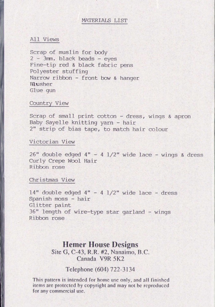 Doll Pattern Hemer House Designs Angels Homespun Primitive Vintage OOP