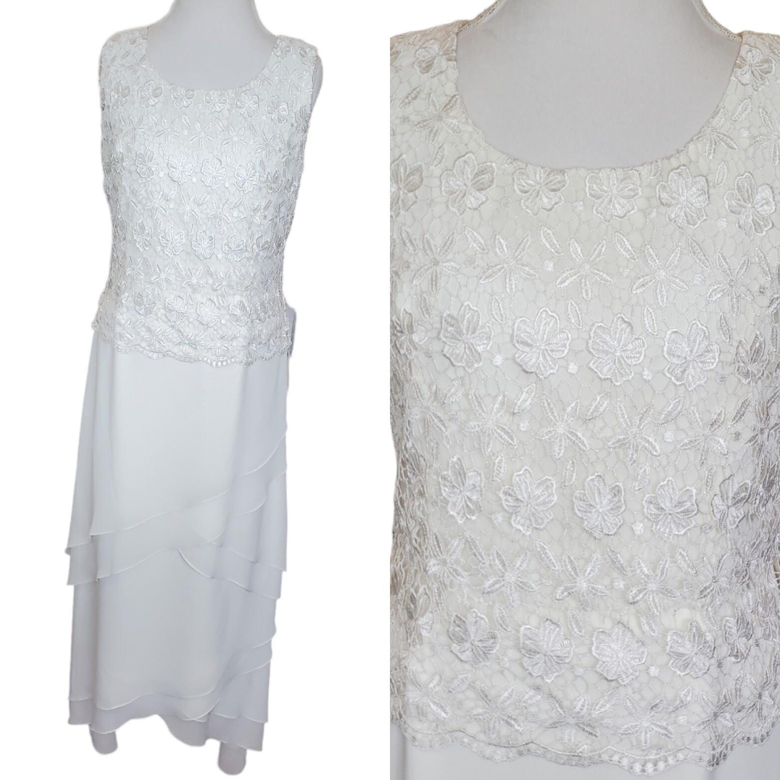 Vintage 90s Cream Ivory Crochet Chiffon Layered Long Wedding Dress Beach Size 10