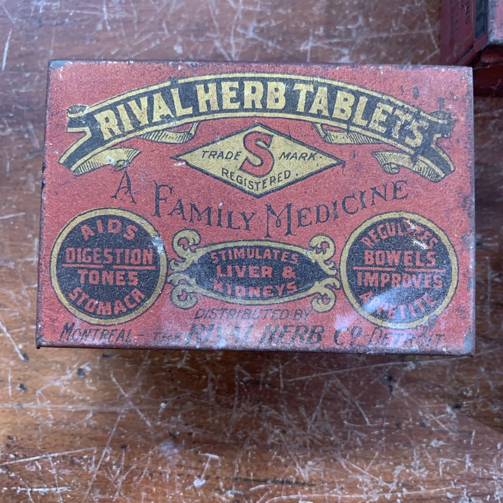 3 EMPTY ANTIQUE EARLY 1900'S RIVAL HERB TABLETS ADVERTISING TIN