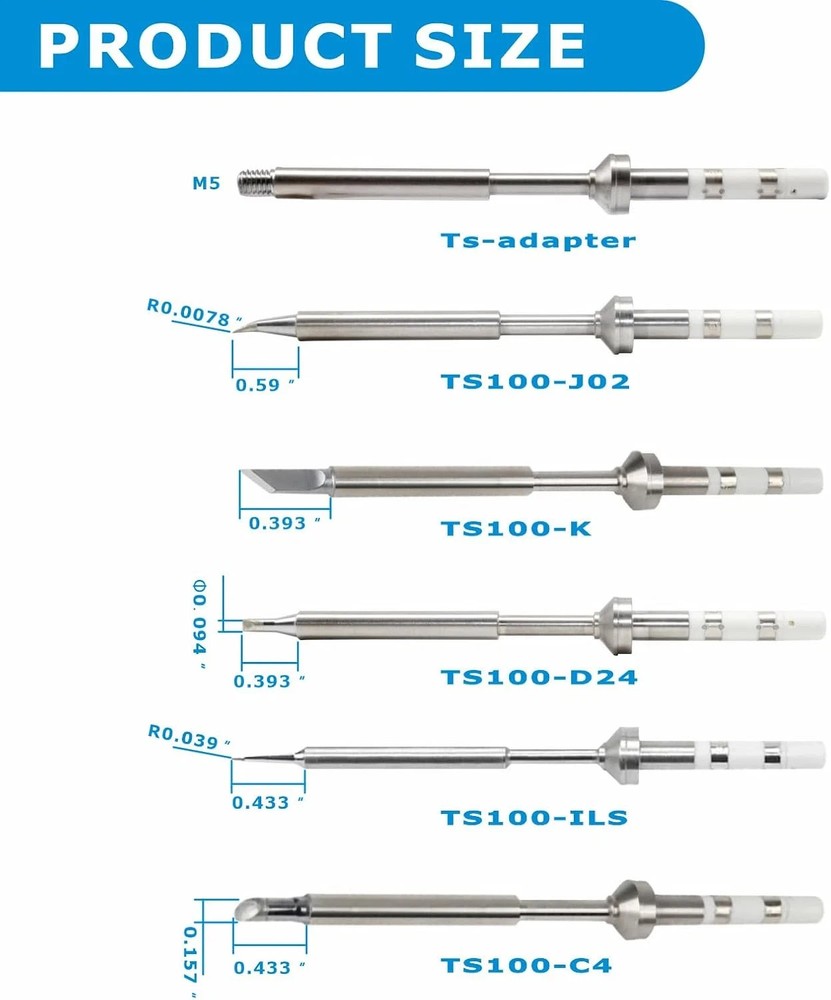6PCS TS100 Soldering Tips Kit with Threaded Insert Adapter, Compatible with TS10