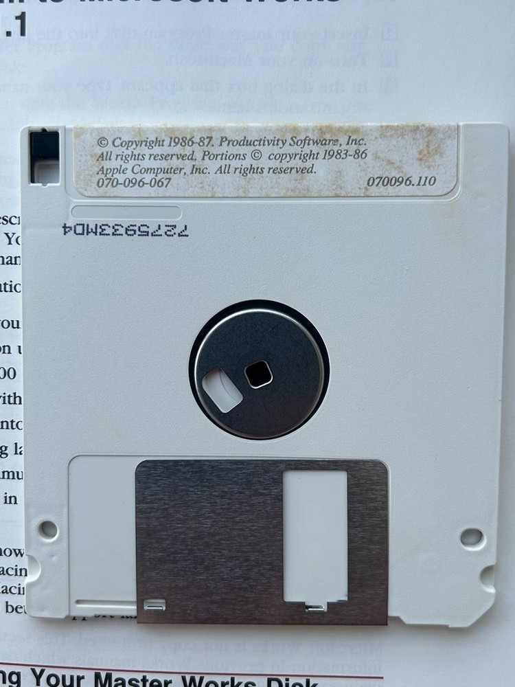 Apple Macintosh Microsoft Works software 1986-87 year. Vintage software