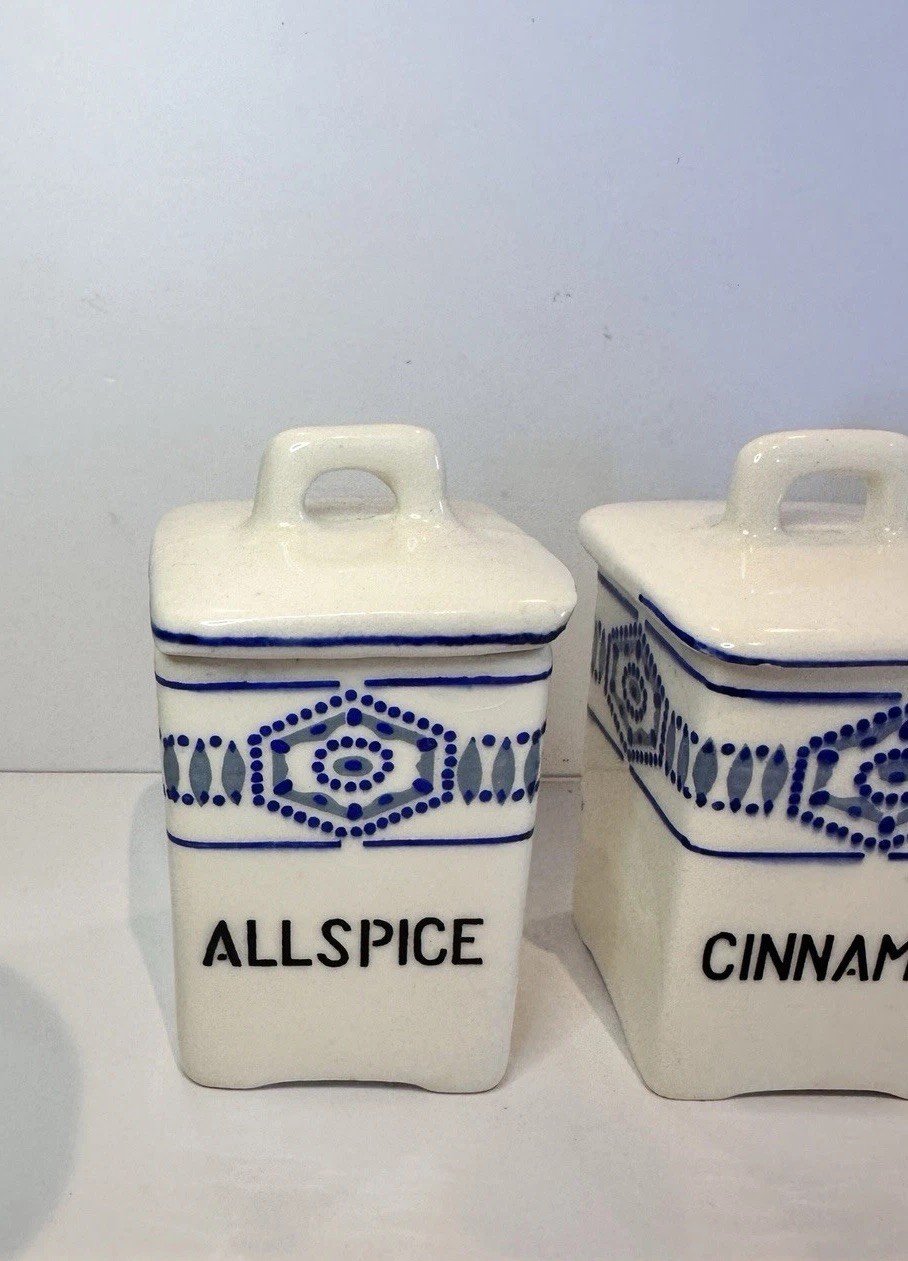 4 Blue and white Czechoslovakian spice canisters vintage