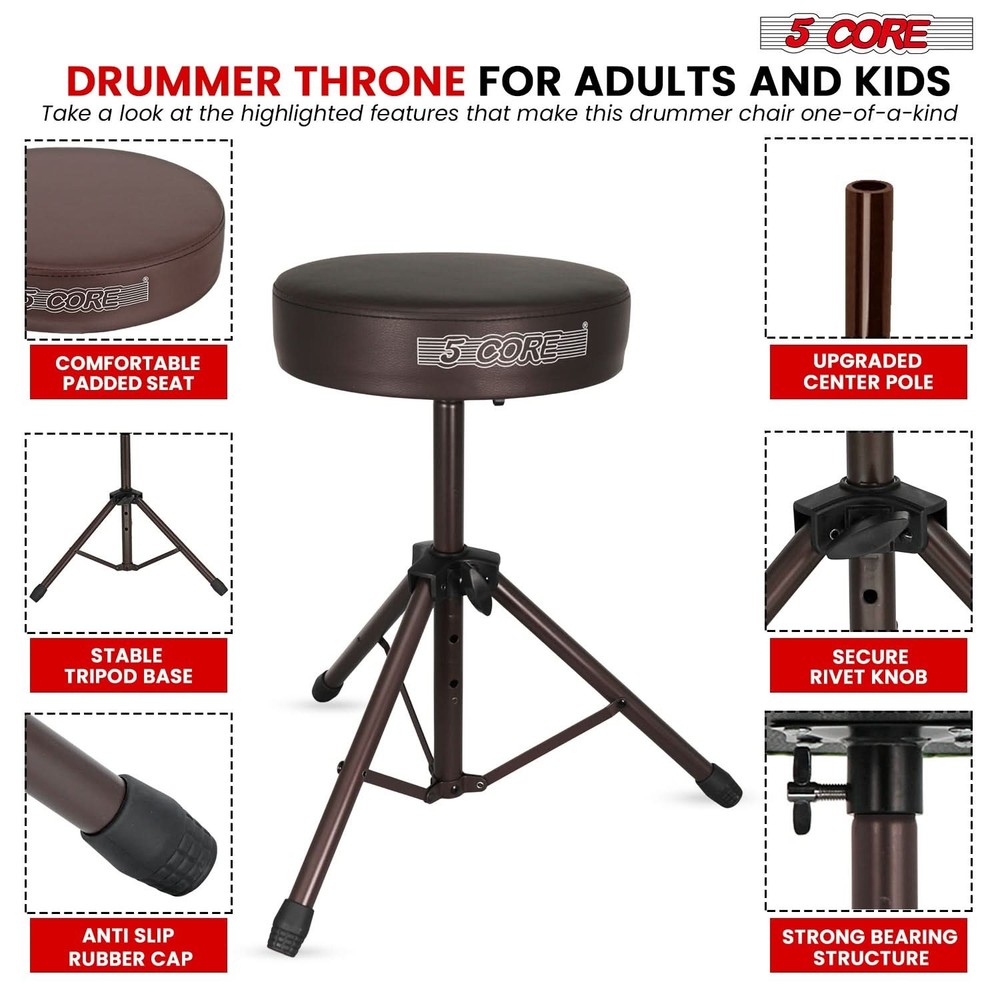 5 Core Drum Throne 3" Padded Comfortable 330Lb Capacity Drummer Stool Adjustable
