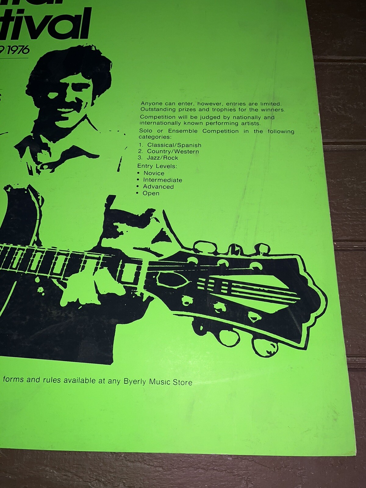 Vintage 1978 Byerly Music Guitar Festival Cardboard Sign - NOS Peoria ILL Retro