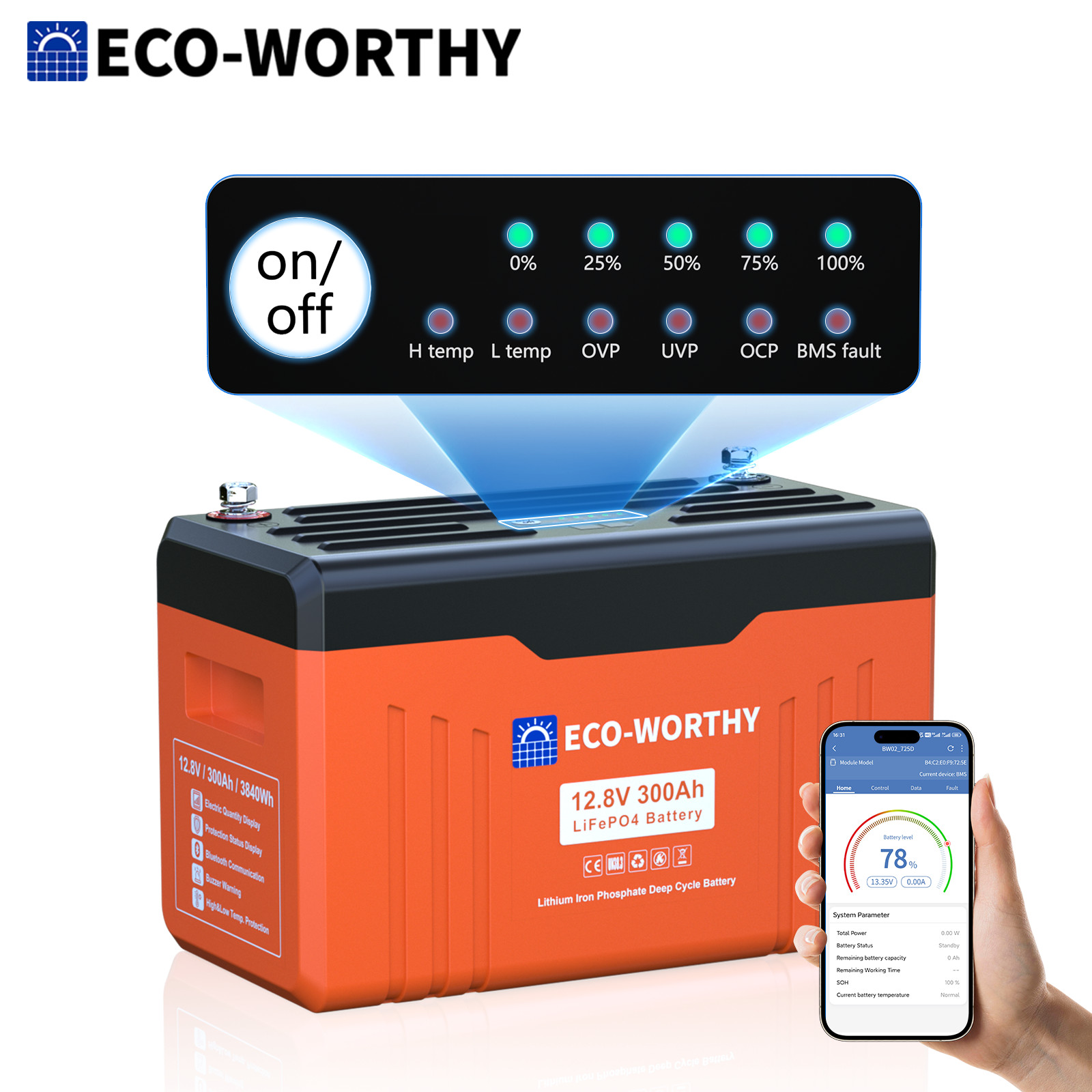 ECO-WORTHY 3840Wh 12V 300AH LiFePO4 Lithium Battery With SOC Display Bluetooth