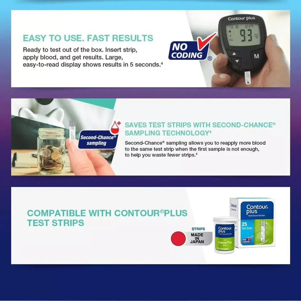 Contour Plus Glucose , Glucometer with 25 Free Test Strips Diabetes Testing Kit