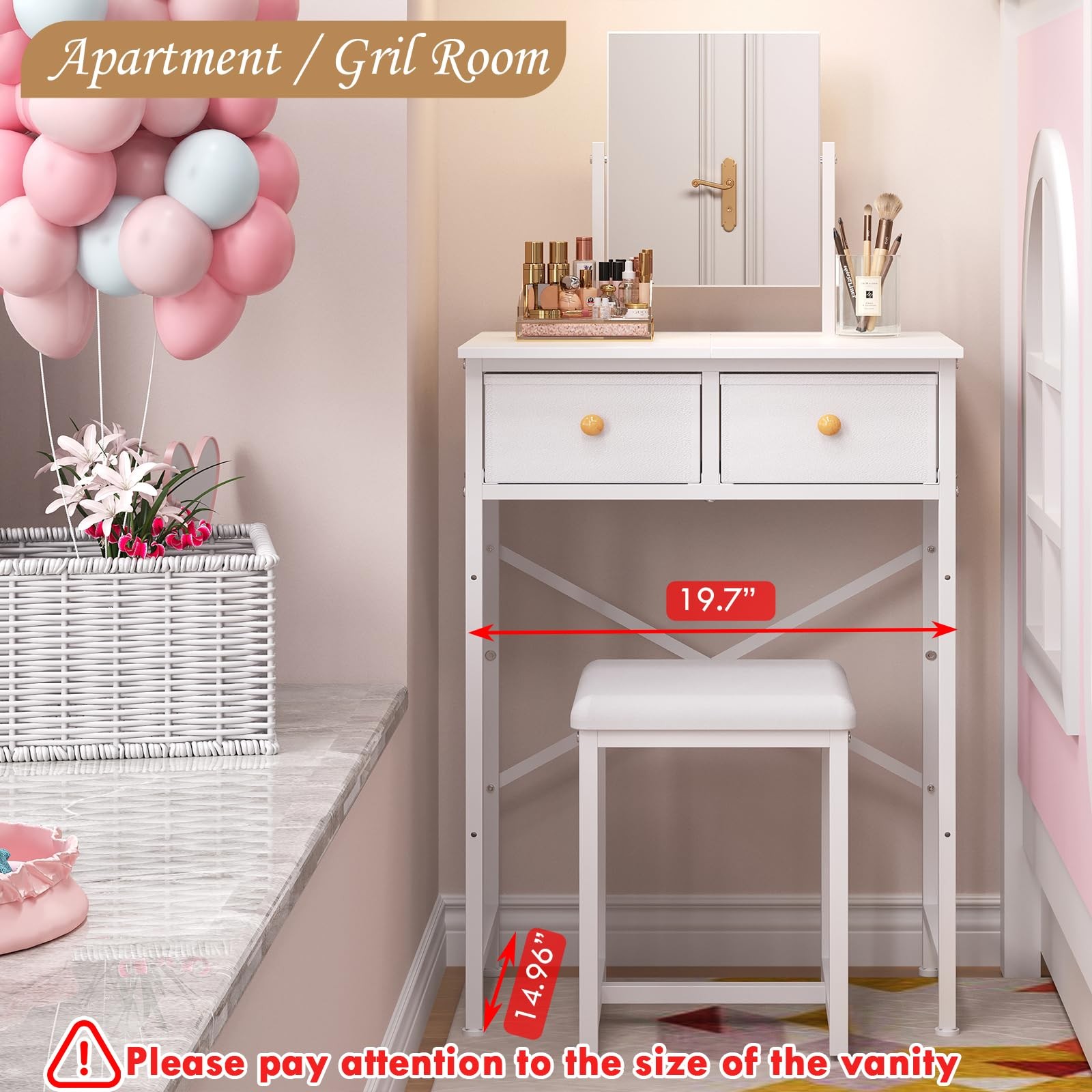 Small Makeup Vanity Desk with Mirror & Chair, Table Set W/ Fabric Storage Drawer