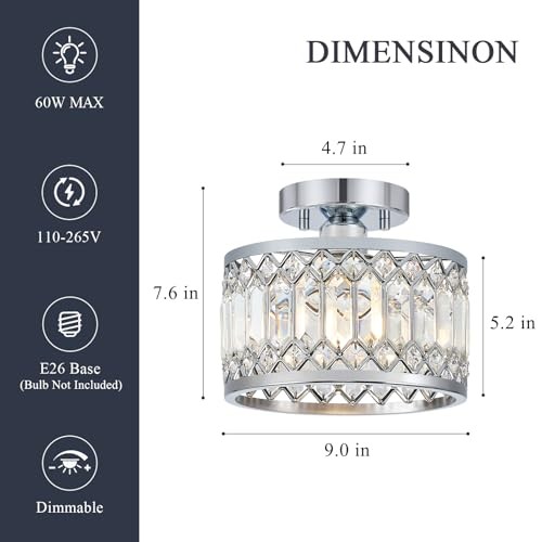 Crystal Ceiling Light, Modern Semi Flush Mount Ceiling Lighting 9in Chrome