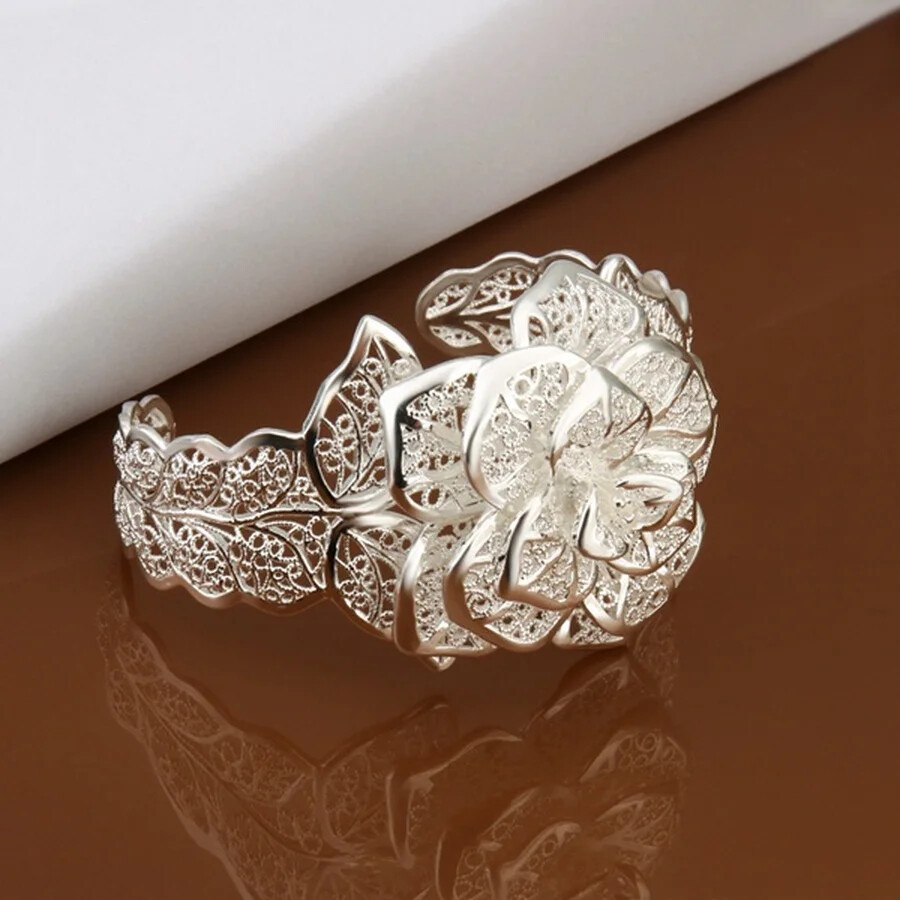 925 Sterling Silver Big Flower Open Cuff Bracelet Elegant Unique Bangle