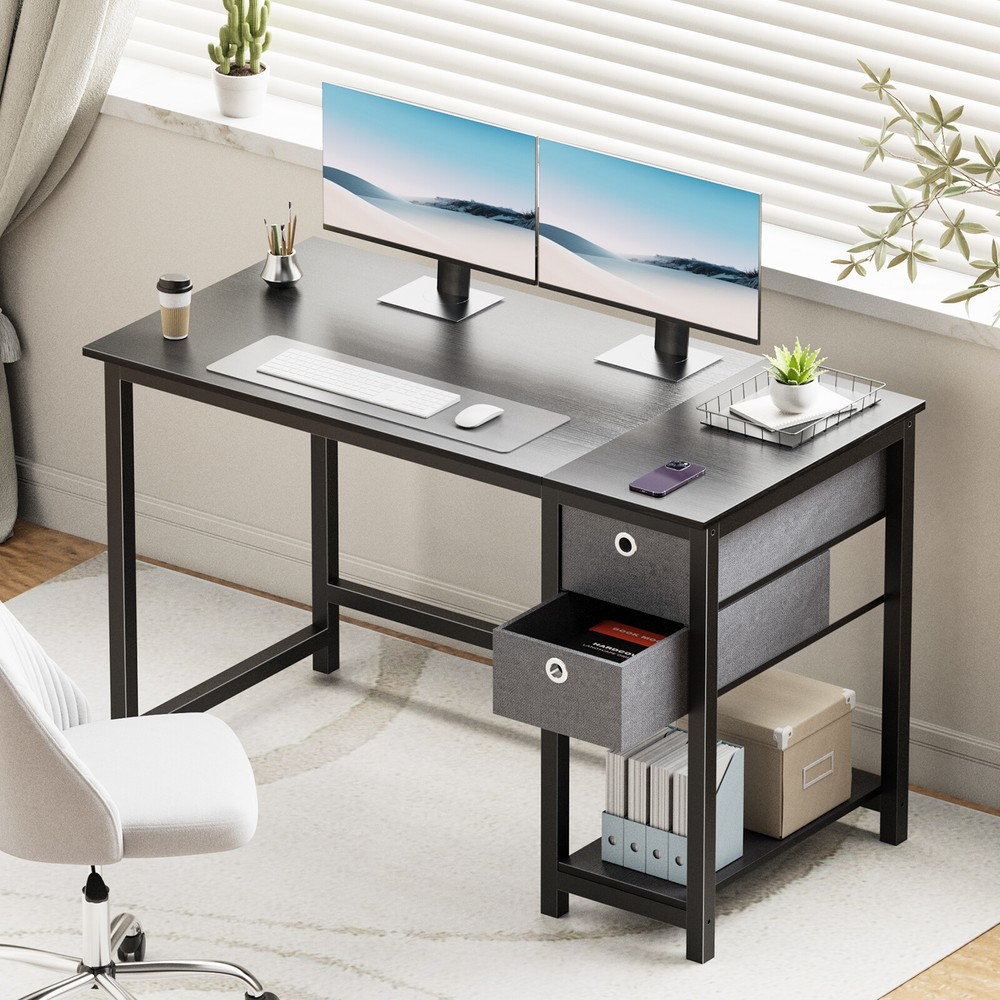 Office Study Table with Side Hook and 2 Storage Drawers - 40/47in Computer Desk