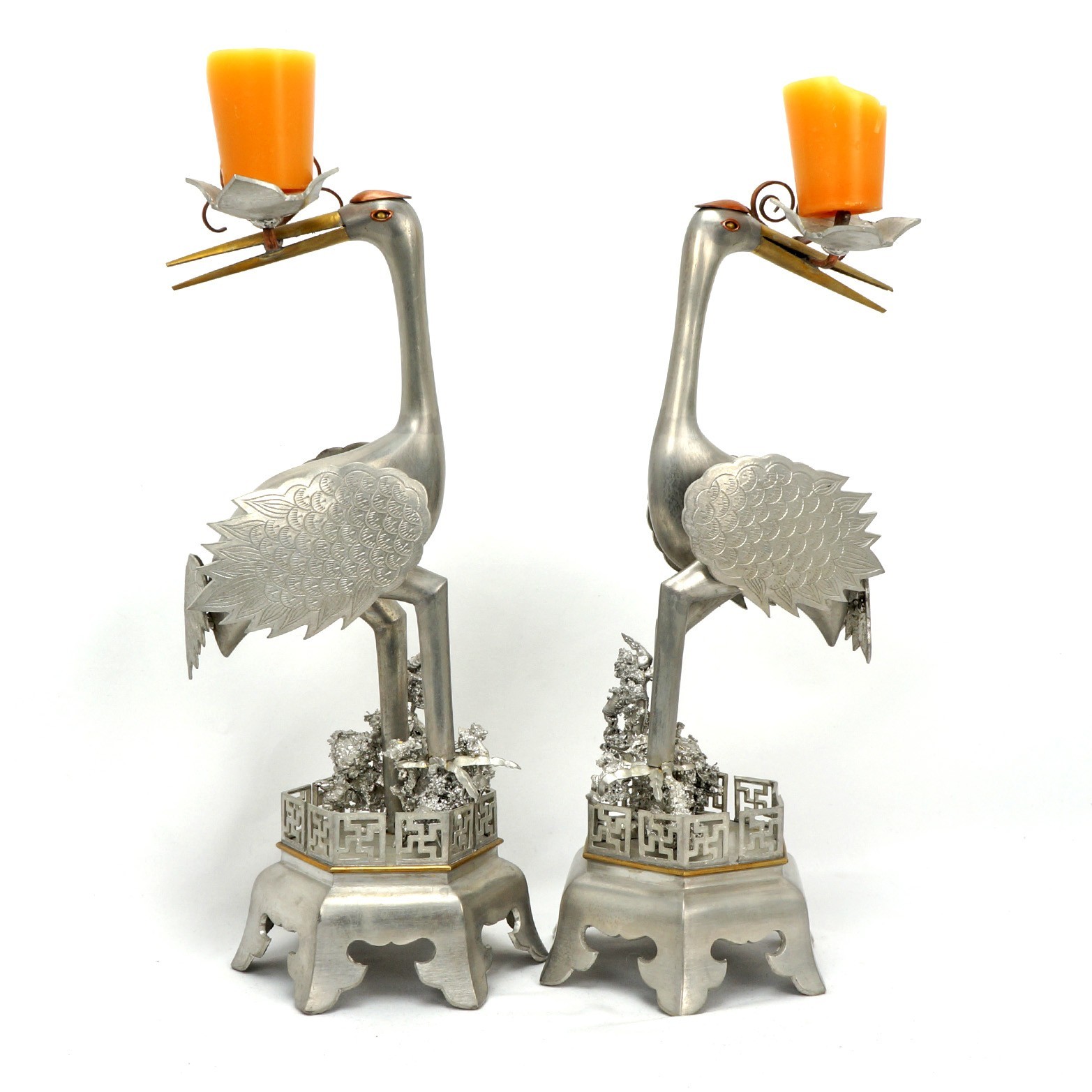 Pair Chinese Mixed-Metal Pewter Crane Sculptures Candlesticks