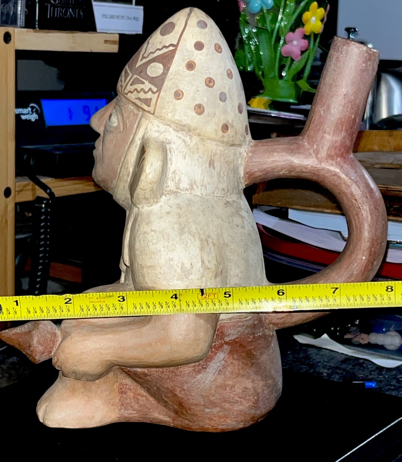 Peruvian Moche Pichu Style Pottery Stirrup Spout Vessel 8 1/2" Kneeling Warrior