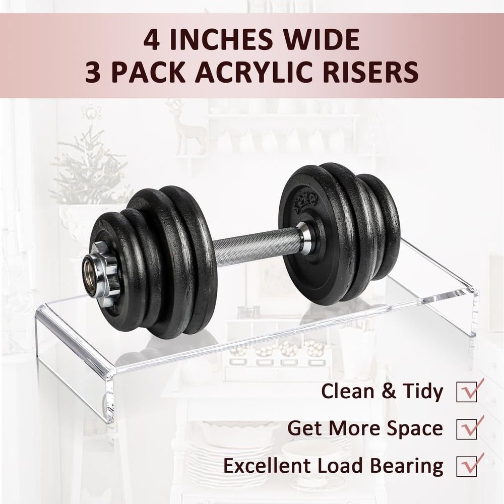 2 Set Large Acrylic Clear Display Risers, 3 Sizes 12" Rectangular Showcase Co...